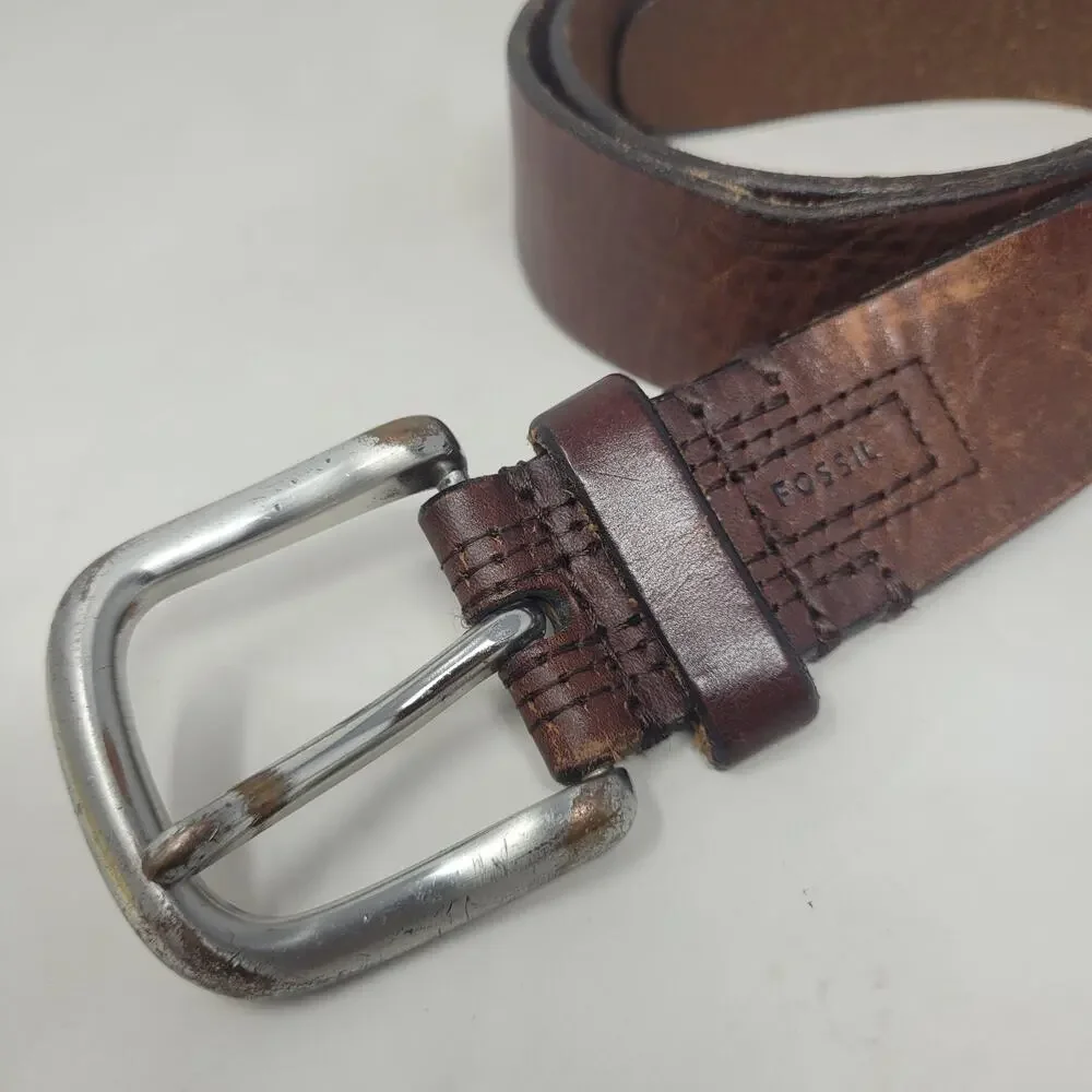 Fossil Belt 34 Brown Leather Rugged Utility Industrial Distressed Work Casual